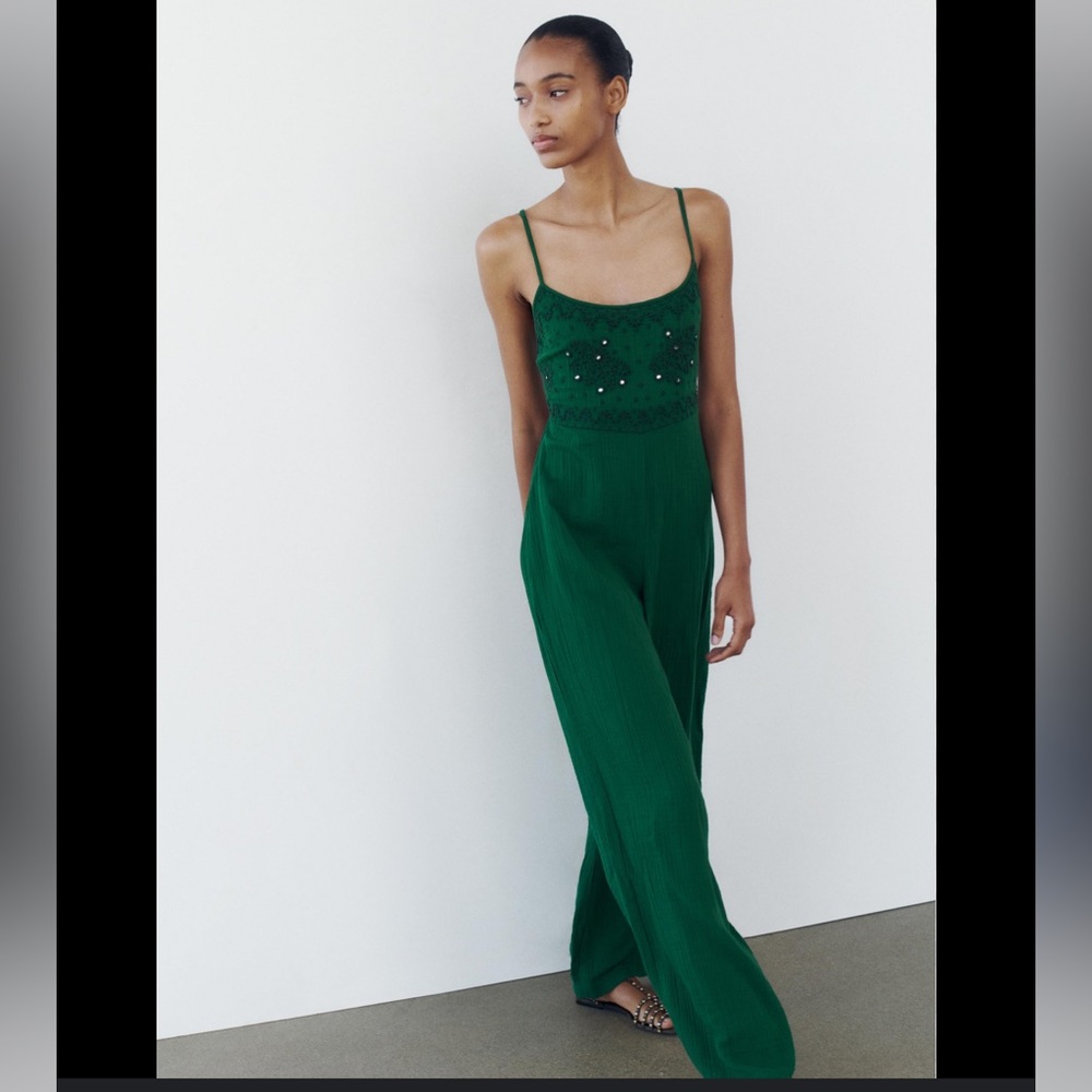 Zara Green Embroidered Mirror Jumpsuit Size Medium